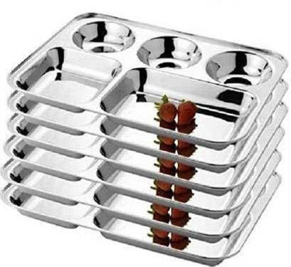 Nirvika Steel Plates Set of 6 Dinner PlateLunch PlateBhojan Thali 5 in 1 with Round Extra Deep Compartments Pav Bhaji Plates Kitchen Accessories ItemsStainless Steel - Image 2