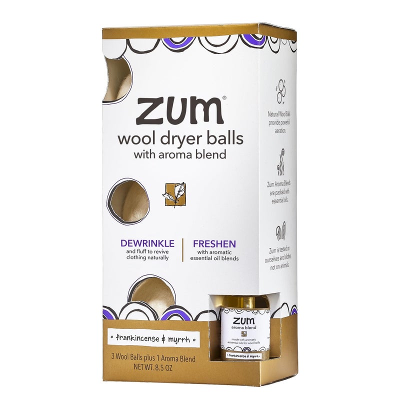 Zum Indigo Wild Laundry Dryer Balls Kit - Wool Laundry Balls for The Dryer - Essential Oil Spray - Reusable Drying Balls for Laundry - Frankincense & Myrrh - (3 Dryer Balls, 1 Aroma Blend) - Image 1