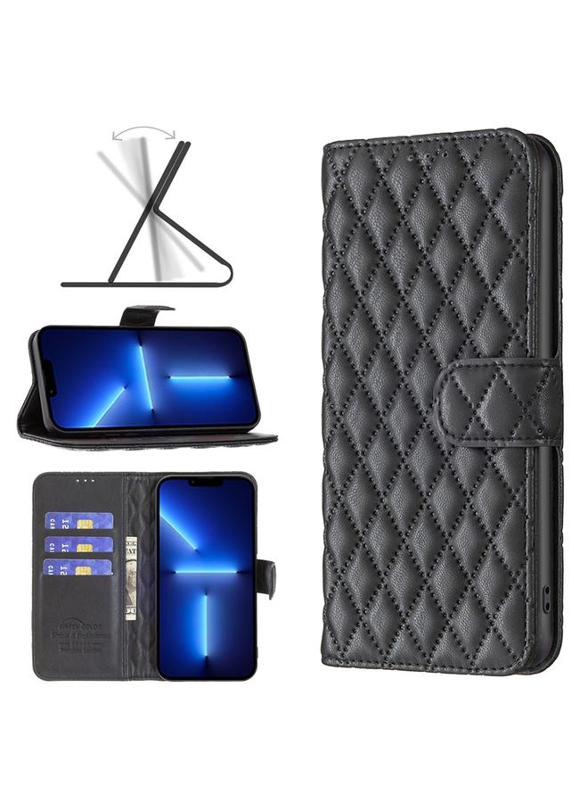 زبون جراب لهاتف iPhone 13 Pro Max، جراب هاتف من الجلد بتصميم شبكي ماسي - Image 1