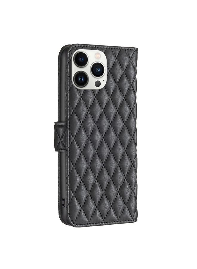 زبون جراب لهاتف iPhone 13 Pro Max، جراب هاتف من الجلد بتصميم شبكي ماسي - Image 3