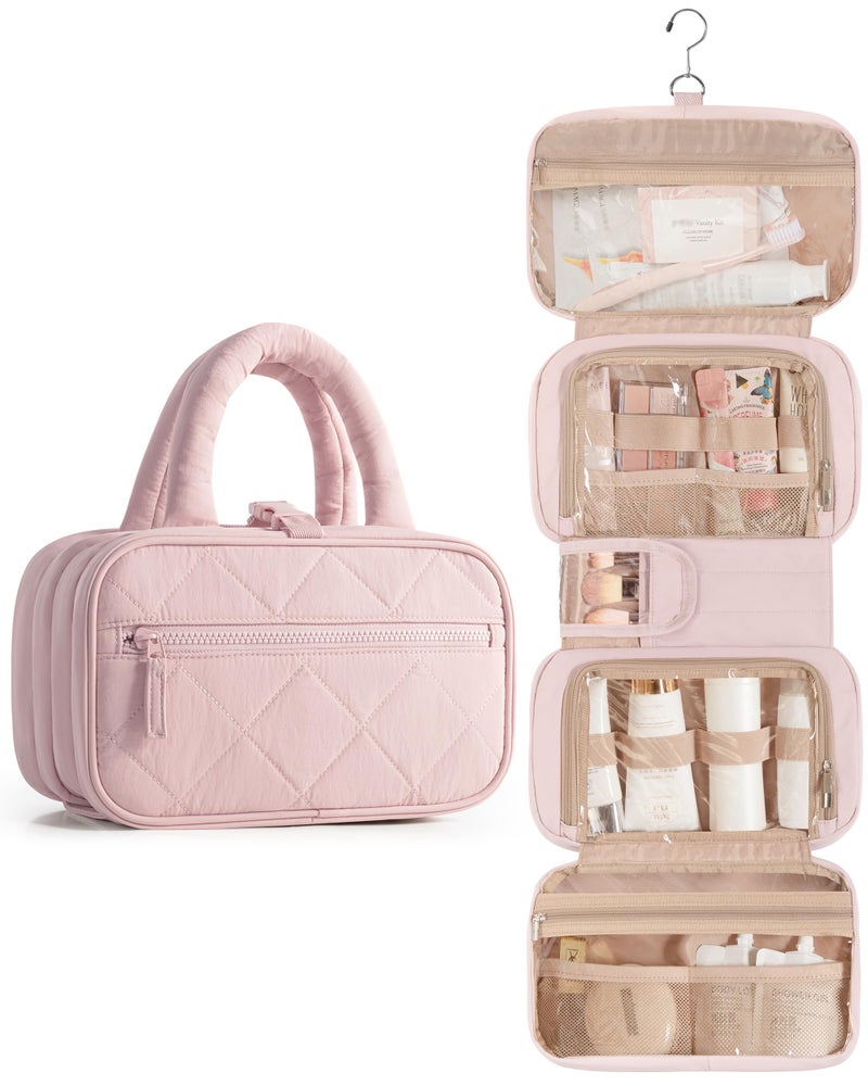 Marscamd Travel Toiletry Bag for Women with Hanging Hook, Puffy Makeup Organizer with Brushes Slots for Bathroom, Shower and Beauty Essentials, Pink - Image 1