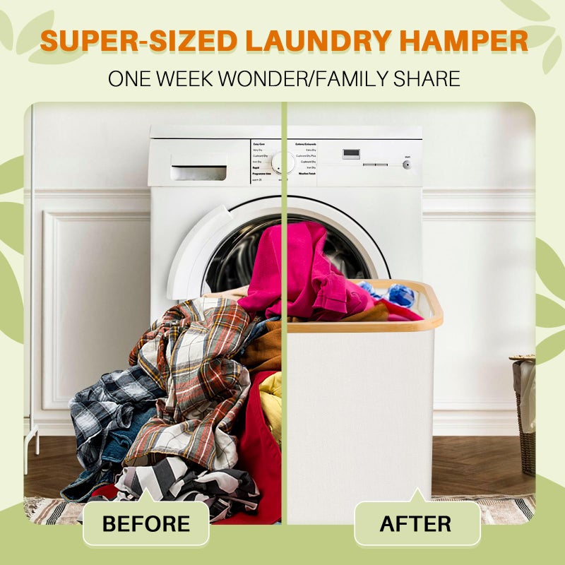 Bathola Laundry Hamper with Lid, 160L Dirty Clothes Hamper for Laundry Basket 3 Section, Extra Large Laundry Sorter Hamper 3 Compartment with Removable Inner Bags & Labels, Beige - Image 2