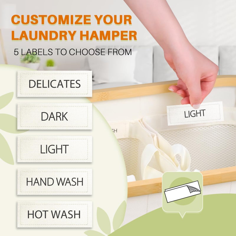 Bathola Laundry Hamper with Lid, 160L Dirty Clothes Hamper for Laundry Basket 3 Section, Extra Large Laundry Sorter Hamper 3 Compartment with Removable Inner Bags & Labels, Beige - Image 4