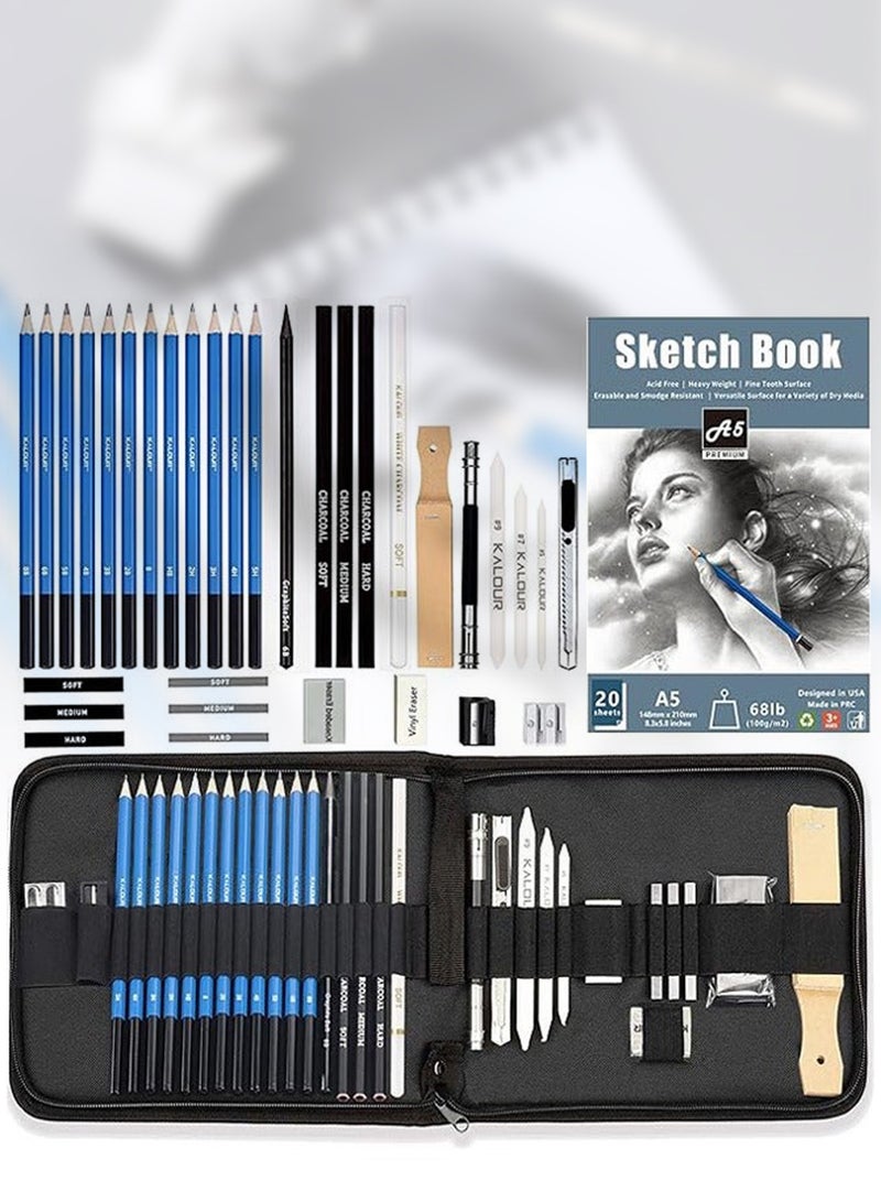 Sketching Pencil Set (35 Pieces) - Includes Sketchbook - Zippered Travel Case - Sketching Pencils, Charcoal Pencils, Mixing Paper, Eraser - Art Drawing Supplies for Beginners, Kids, Adults - Image 1