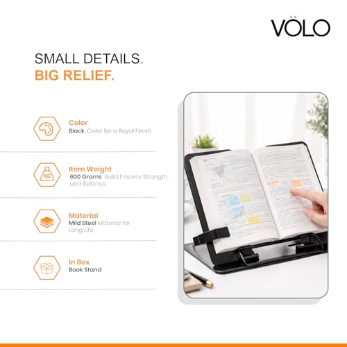 VOLO Book Stand – Adjustable Foldable Metal Book Stand Holder, Stable Hands Free Reading, Portable Desktop Book Holder for Cookbooks Textbooks Sheet Music | Black - Image 5