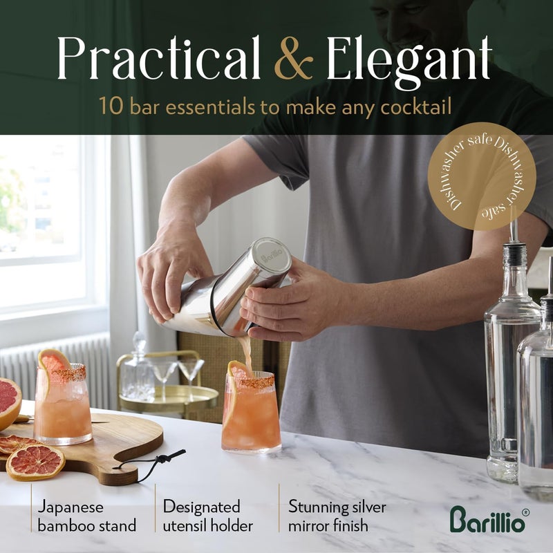barillio Elite Mixology Bartender Kit with Stand - Cocktail Shaker Set with Bamboo Stand, Boston Drink Shaker, Mojito Muddler, and Drink Mixer Spoon - 9-Piece Bar Tools Set - Bar Accessories for Home - Image 4