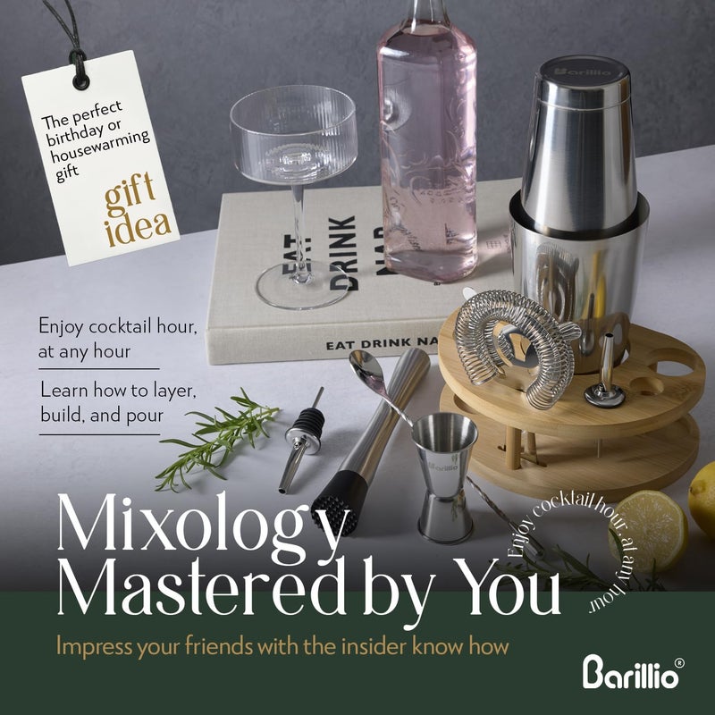 barillio Elite Mixology Bartender Kit with Stand - Cocktail Shaker Set with Bamboo Stand, Boston Drink Shaker, Mojito Muddler, and Drink Mixer Spoon - 9-Piece Bar Tools Set - Bar Accessories for Home - Image 5