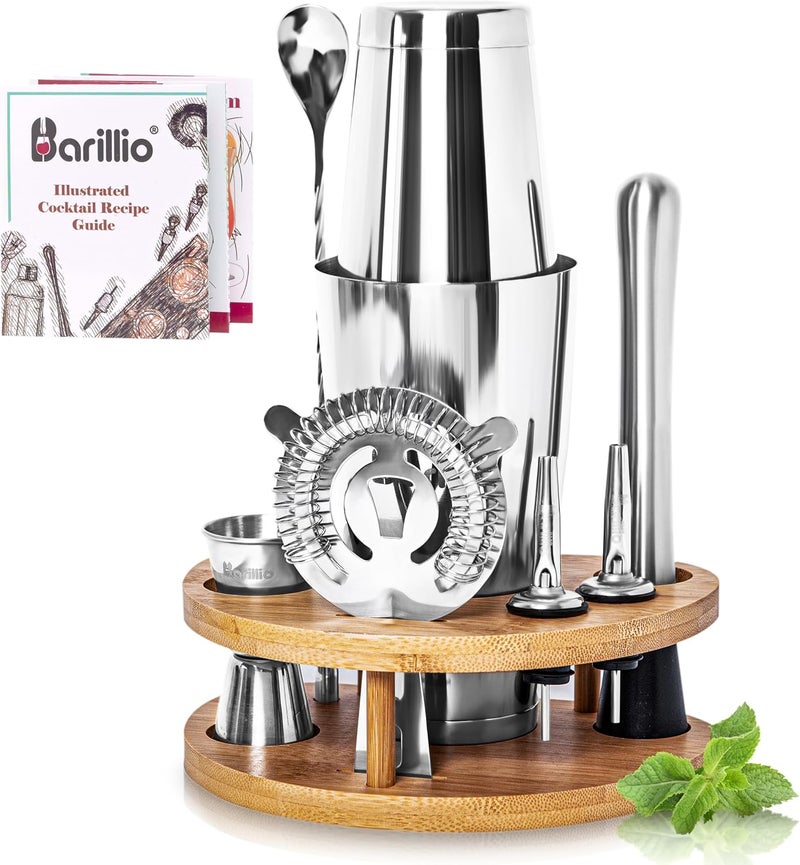 barillio Elite Mixology Bartender Kit with Stand - Cocktail Shaker Set with Bamboo Stand, Boston Drink Shaker, Mojito Muddler, and Drink Mixer Spoon - 9-Piece Bar Tools Set - Bar Accessories for Home - Image 1