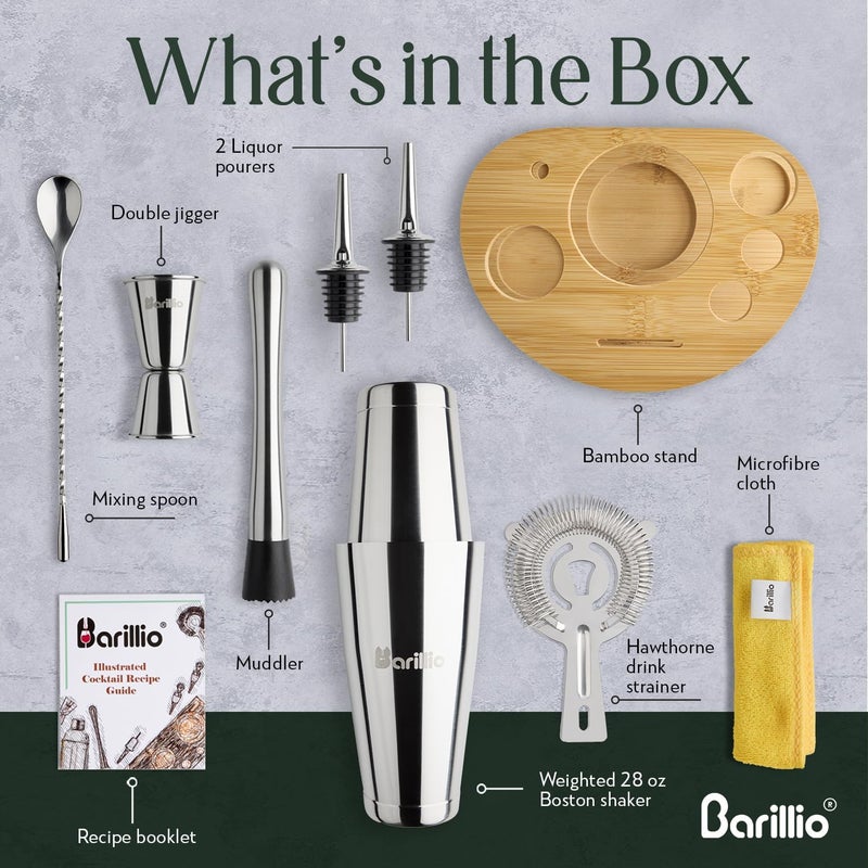 barillio Elite Mixology Bartender Kit with Stand - Cocktail Shaker Set with Bamboo Stand, Boston Drink Shaker, Mojito Muddler, and Drink Mixer Spoon - 9-Piece Bar Tools Set - Bar Accessories for Home - Image 2