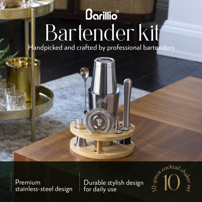 barillio Elite Mixology Bartender Kit with Stand - Cocktail Shaker Set with Bamboo Stand, Boston Drink Shaker, Mojito Muddler, and Drink Mixer Spoon - 9-Piece Bar Tools Set - Bar Accessories for Home - Image 3