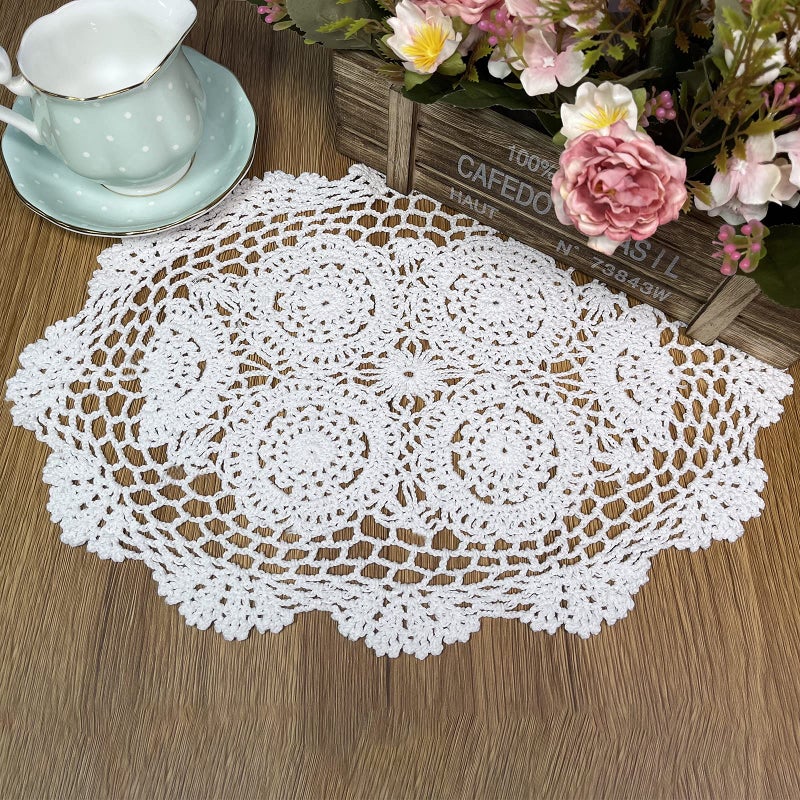 Phantomon Handmade Crochet Cotton Lace Placemats Doilies Cloth Crochet Coasters, Pack of 4, Oval Shape, White, 12 x 17 inch (White) - Image 3