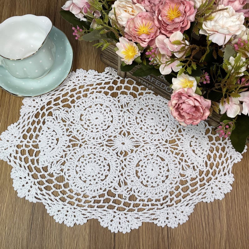Phantomon Handmade Crochet Cotton Lace Placemats Doilies Cloth Crochet Coasters, Pack of 4, Oval Shape, White, 12 x 17 inch (White) - Image 2