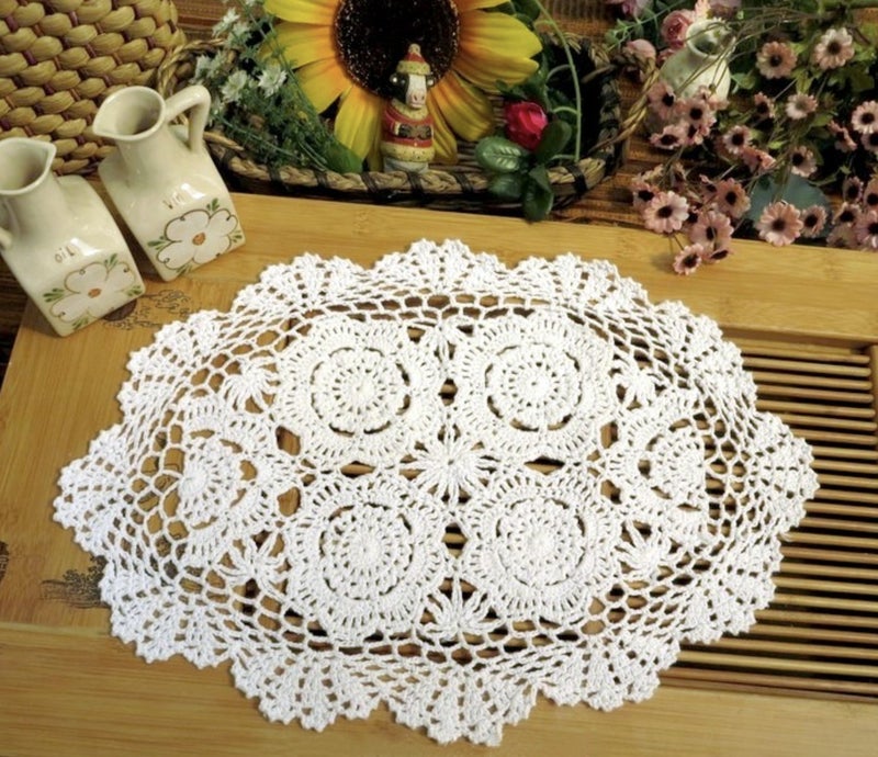 Phantomon Handmade Crochet Cotton Lace Placemats Doilies Cloth Crochet Coasters, Pack of 4, Oval Shape, White, 12 x 17 inch (White) - Image 1