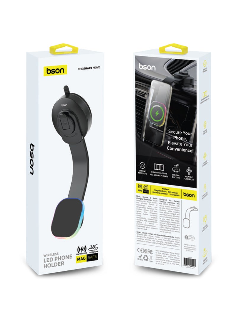 BSON حامل هاتف السيارة اللاسلكي - شاحن لاسلكي سريع 15 واط، متوافق مع MagSafe، دوران 360°، قاعدة شفط قوية، تشغيل بيد واحدة، كابل USB-A إلى Type-C متضمن - Image 3