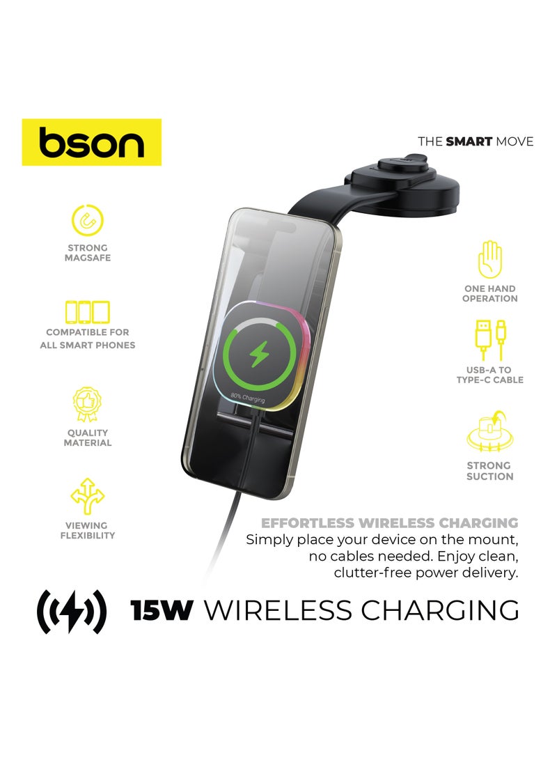 BSON حامل هاتف السيارة اللاسلكي - شاحن لاسلكي سريع 15 واط، متوافق مع MagSafe، دوران 360°، قاعدة شفط قوية، تشغيل بيد واحدة، كابل USB-A إلى Type-C متضمن - Image 2