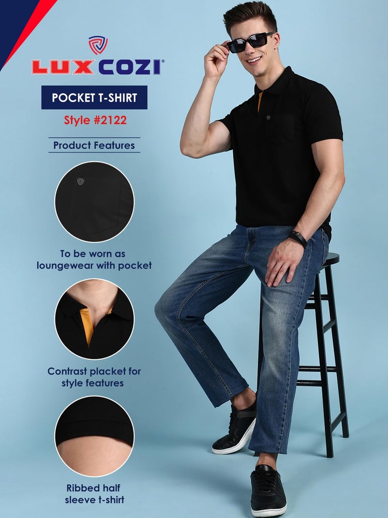 Lux Cozi Men's Regular Fit Polo Neck Half Sleeve Solid Casual T-Shirt with Chest Pocket_COZI_2122_BLK_MST_3XL_2PC - Image 2