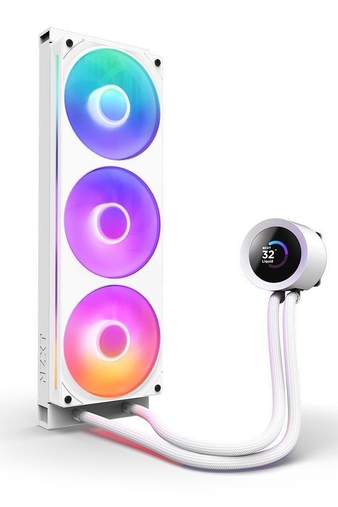 ان زد اكس تي مبرد وحدة المعالجة المركزية السائل Kraken Plus 360 RGB AIO مقاس 360 مم مع شاشة LCD مقاس 1.54 بوصة، ومراوح RGB، ومضخة توربينية NZXT (1200-2800 دورة في الدقيقة)، ومبرد من الألومنيوم، و3 مراوح RGB Core مقاس 120 مم، ومتوافق مع Intel LGA 1851/1700/1200/115X وAMD AM5/AM4، وتشغيل هادئ، وتحكم ببرنامج CAM، لون أبيض | RL-KR360-W2 - Image 3