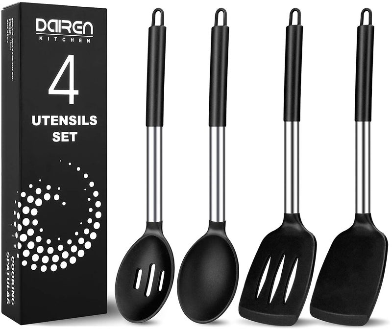 Pack of 4 Large Silicone Cooking Spatulas and Spoons Slotted and Solid Stainless Steel Cooking Utensils Set Nonstick Heat Resistant Kitchen for Baking Fried StirFry Mixing Serving Black
