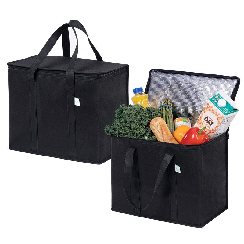 VENO 2 Pack Cooler Bag and Insulated Grocery Bags for Food Delivery, Collapsible Cooler, Reusable Shopping Bags for Groceries with Zipper, Foldable, Heavy-Duty, Stands Upright (Black, 2 Pack) - Image 1