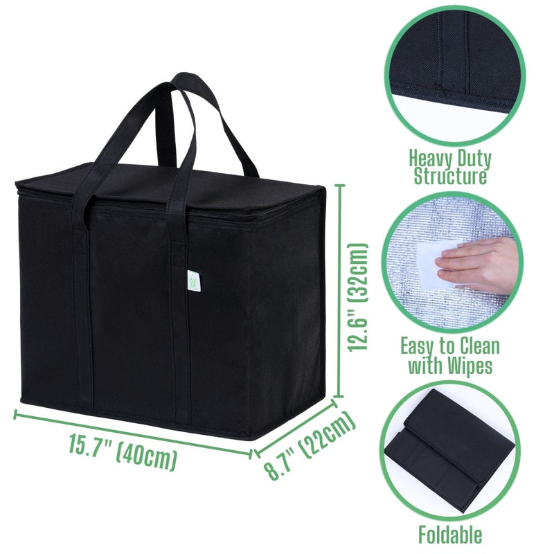 VENO 2 Pack Cooler Bag and Insulated Grocery Bags for Food Delivery, Collapsible Cooler, Reusable Shopping Bags for Groceries with Zipper, Foldable, Heavy-Duty, Stands Upright (Black, 2 Pack) - Image 4