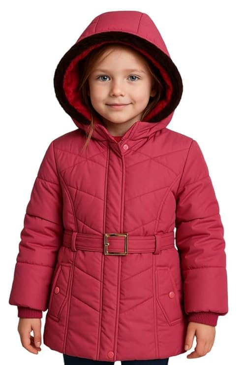 Krystle Girls’ Hooded Winter Jacket – Warm Quilted Puffer Coat with Belt, Water-Resistant Outerwear for Cold Weather (Pink,8-9 Years) - Image 5