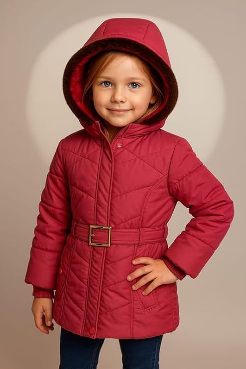 Krystle Girls’ Hooded Winter Jacket – Warm Quilted Puffer Coat with Belt, Water-Resistant Outerwear for Cold Weather (Pink,8-9 Years) - Image 3