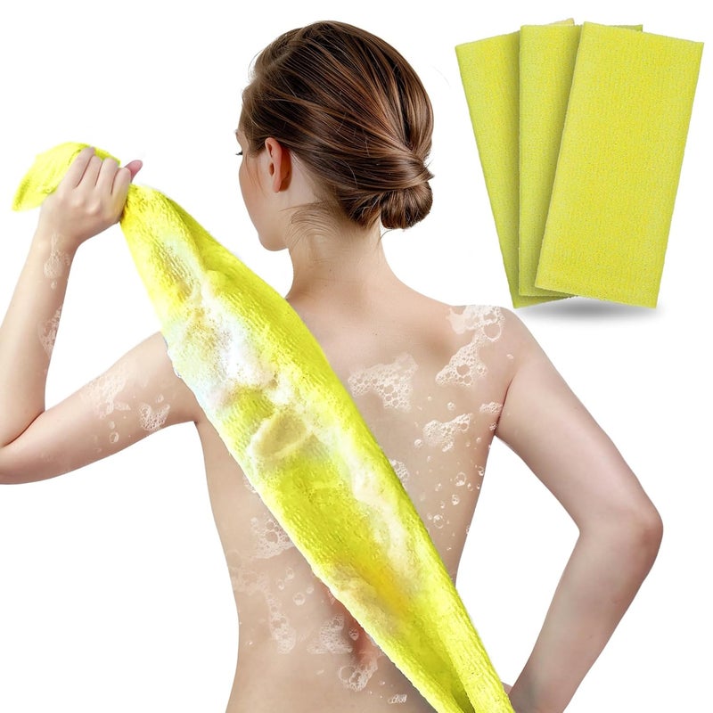 ARCH&M Japanese Exfoliating Towel for Body & Back (3-Pack) Korean Style Scrub Cloth, Nylon Bath Washcloth for Smoother Skin (Yellow x 3) - Image 1