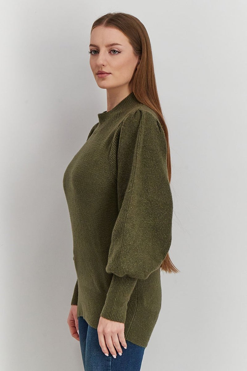 French Connection Women Turtle Neck Balloon Sleeve Textured Sweater, Olive - Image 2