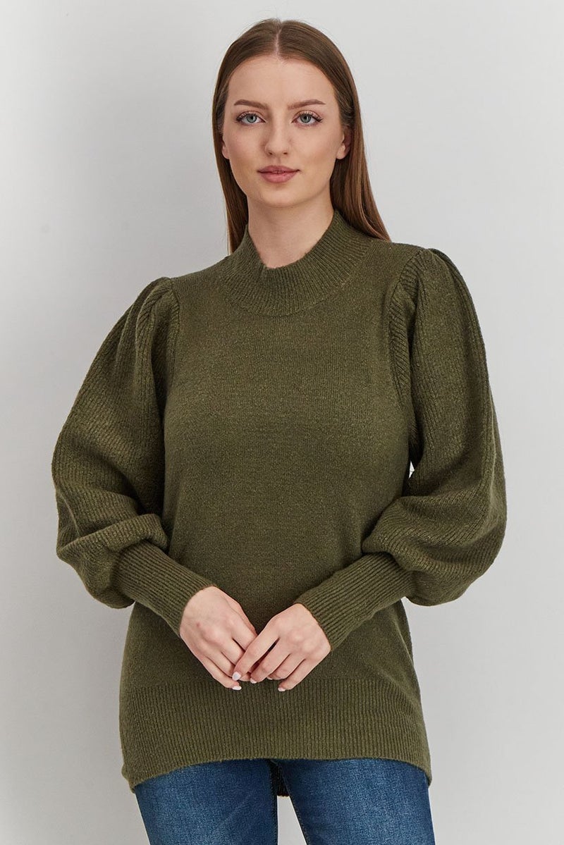 French Connection Women Turtle Neck Balloon Sleeve Textured Sweater, Olive - Image 1