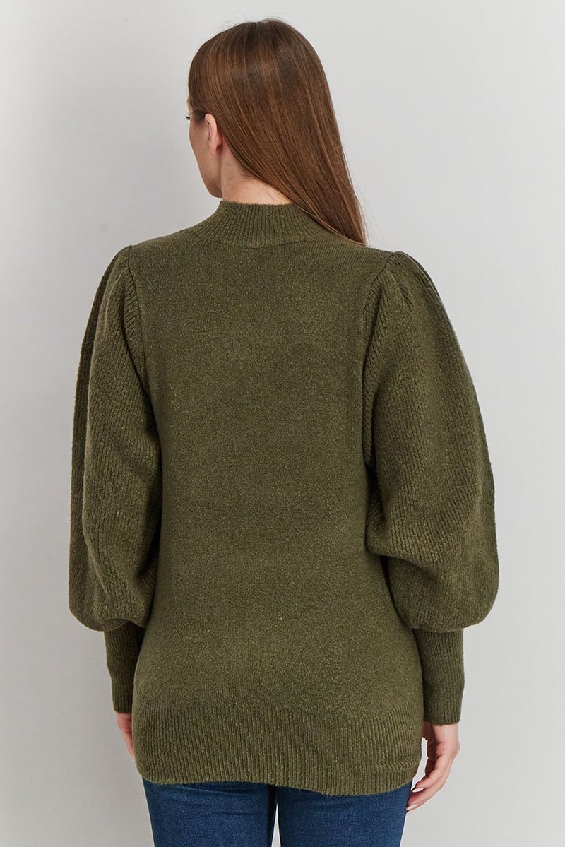 French Connection Women Turtle Neck Balloon Sleeve Textured Sweater, Olive - Image 3