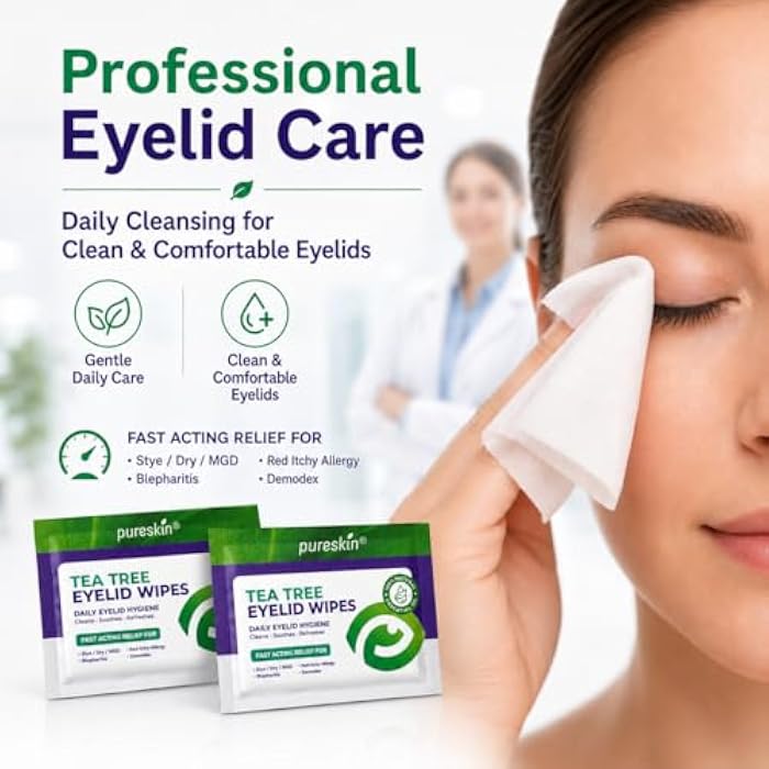 Pureskin Eyelid Wipes with Tea Tree Oil - 80 Eye Lid Cleaning Scrubs for Blepharitis, Demodex, MGD, Stye, Dry & Tired Eyes - Refreshing Cleansing Wipes with Aloe Vera, Hyaluronic Acid & Vitamin E - Image 4