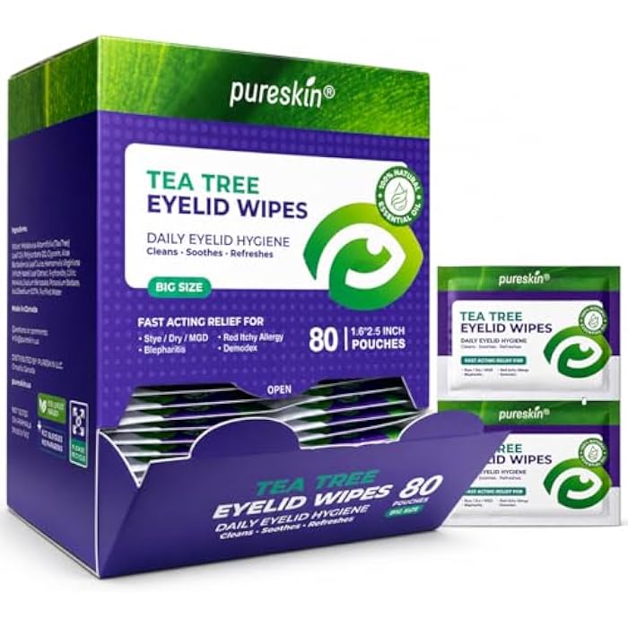 Pureskin Eyelid Wipes with Tea Tree Oil - 80 Eye Lid Cleaning Scrubs for Blepharitis, Demodex, MGD, Stye, Dry & Tired Eyes - Refreshing Cleansing Wipes with Aloe Vera, Hyaluronic Acid & Vitamin E - Image 2