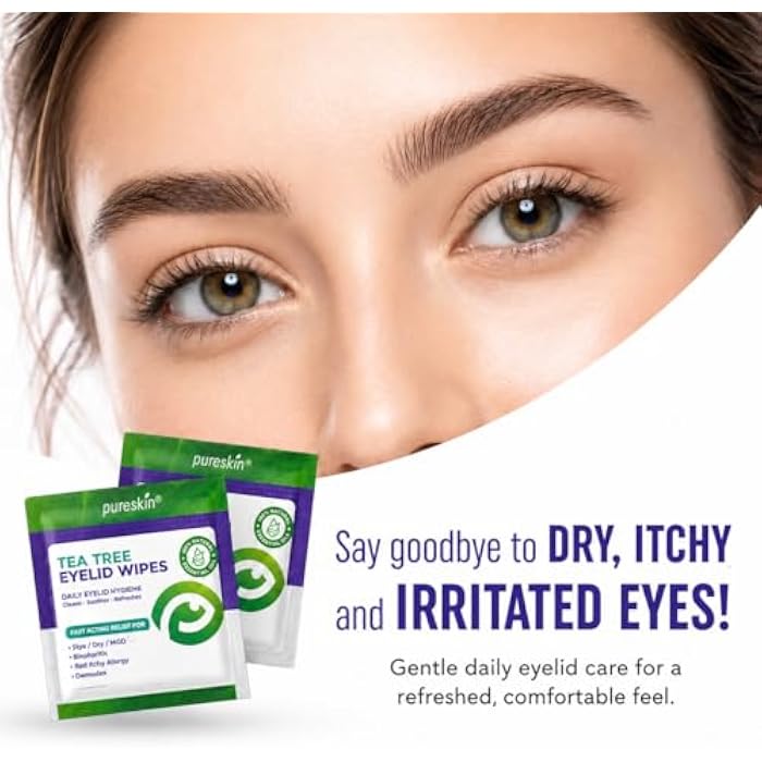 Pureskin Eyelid Wipes with Tea Tree Oil - 80 Eye Lid Cleaning Scrubs for Blepharitis, Demodex, MGD, Stye, Dry & Tired Eyes - Refreshing Cleansing Wipes with Aloe Vera, Hyaluronic Acid & Vitamin E - Image 3