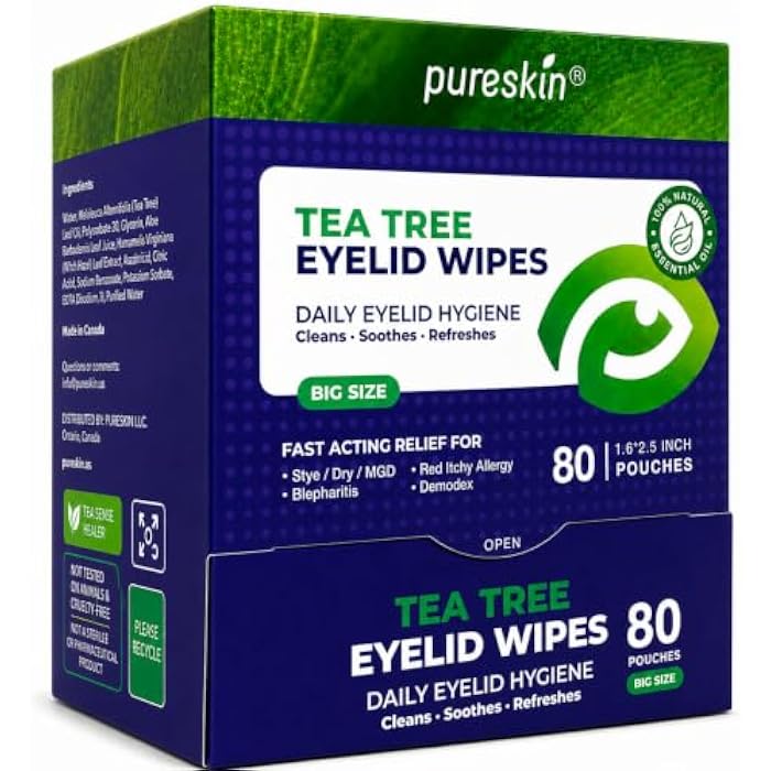 Pureskin Eyelid Wipes with Tea Tree Oil - 80 Eye Lid Cleaning Scrubs for Blepharitis, Demodex, MGD, Stye, Dry & Tired Eyes - Refreshing Cleansing Wipes with Aloe Vera, Hyaluronic Acid & Vitamin E - Image 1