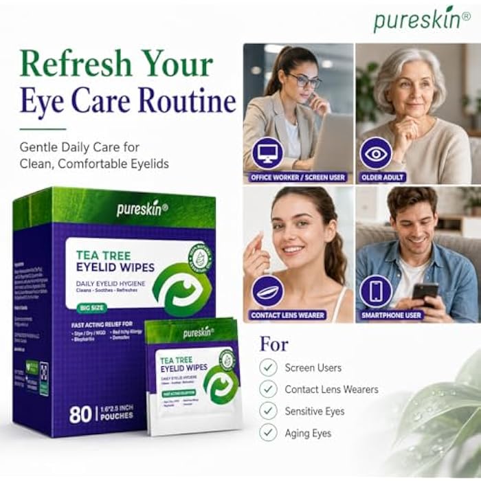 Pureskin Eyelid Wipes with Tea Tree Oil - 80 Eye Lid Cleaning Scrubs for Blepharitis, Demodex, MGD, Stye, Dry & Tired Eyes - Refreshing Cleansing Wipes with Aloe Vera, Hyaluronic Acid & Vitamin E - Image 5