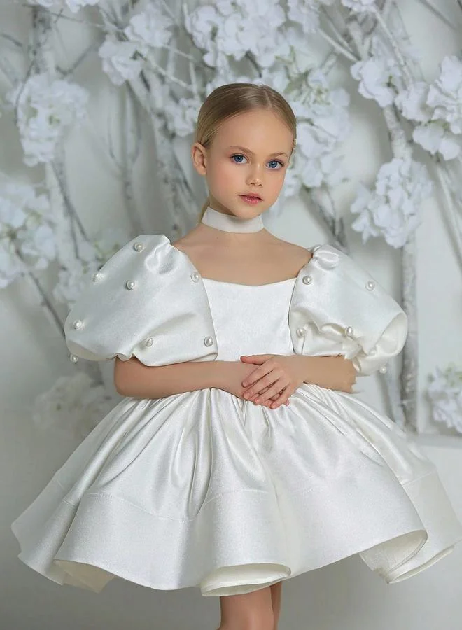 تايك تو فستان بناتي أبيض بأكمام منفوخة ومزين