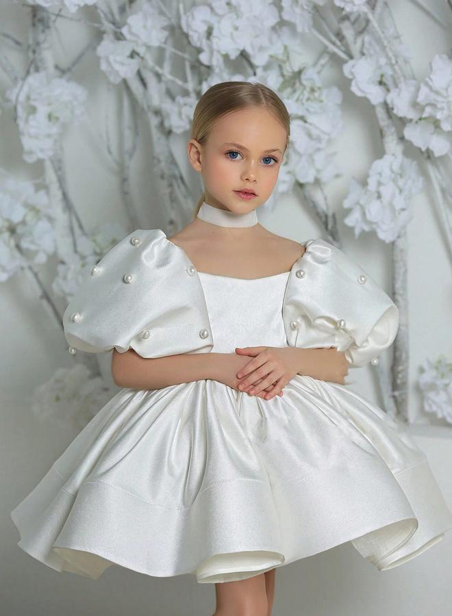 Take Two Girls White Puff Sleeve Embellished Dress - Image 1