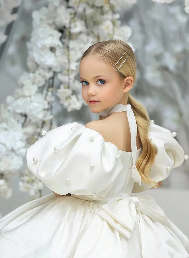 تايك تو فستان بناتي أبيض بأكمام منفوخة ومزين