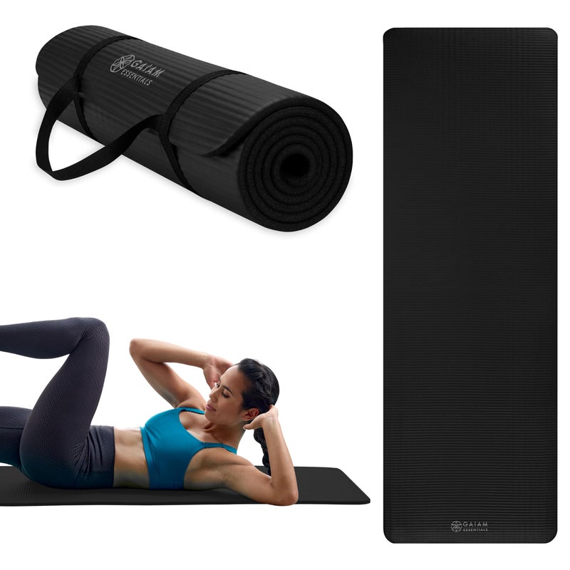 Gaiam حصيرة يوغا سميكة من جايام إيسينشالز مع حزام حمل سهل، أسود، 72"L X 24"W X 2/5 بوصة سميك - Image 1