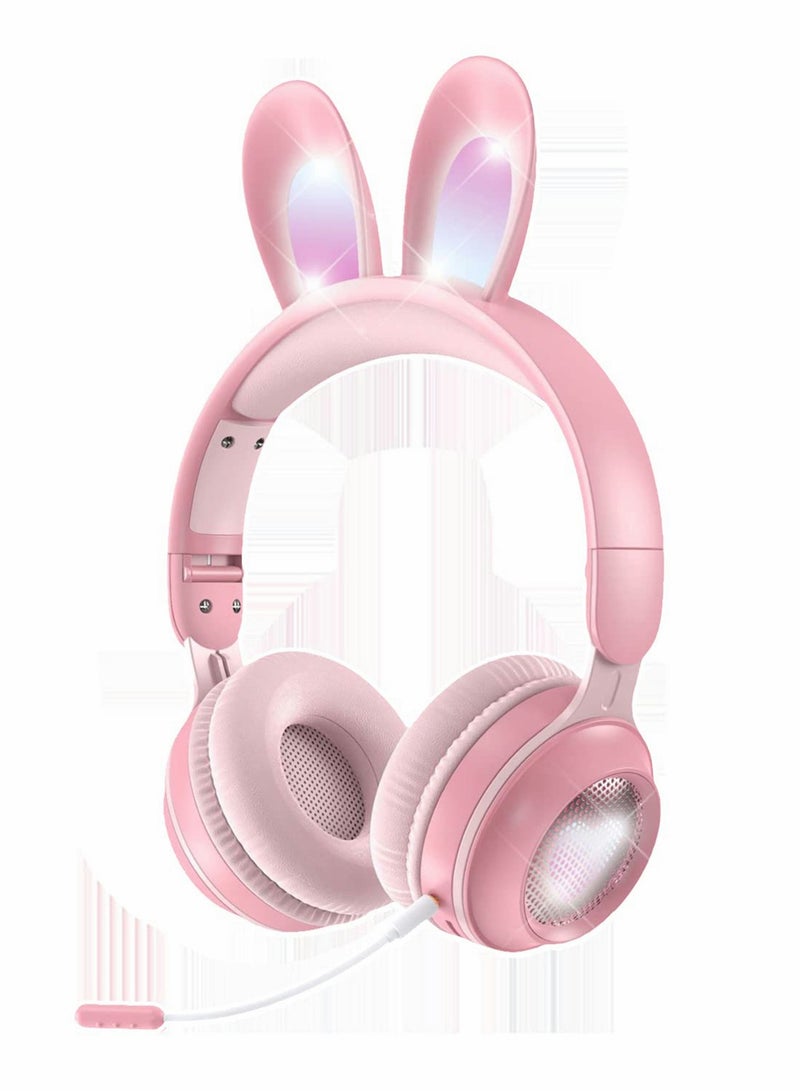 Excefore Over Ear Headphone, Bluetooth Headphones for Kids, Wireless Foldable Kids Headset with LED Rabbit Ears Removeable Noise Cancelling Microphone Girls on School, Travel, Gaming (Pink) - Image 1
