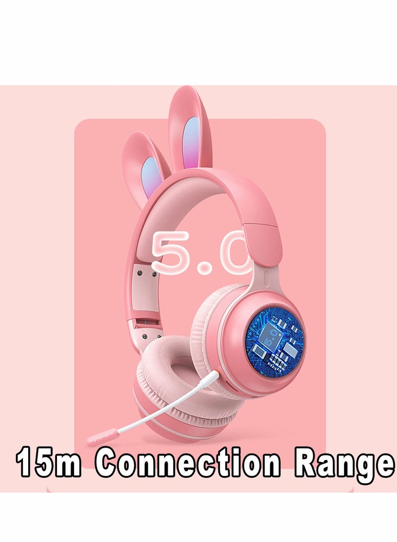 Excefore Over Ear Headphone, Bluetooth Headphones for Kids, Wireless Foldable Kids Headset with LED Rabbit Ears Removeable Noise Cancelling Microphone Girls on School, Travel, Gaming (Pink) - Image 4
