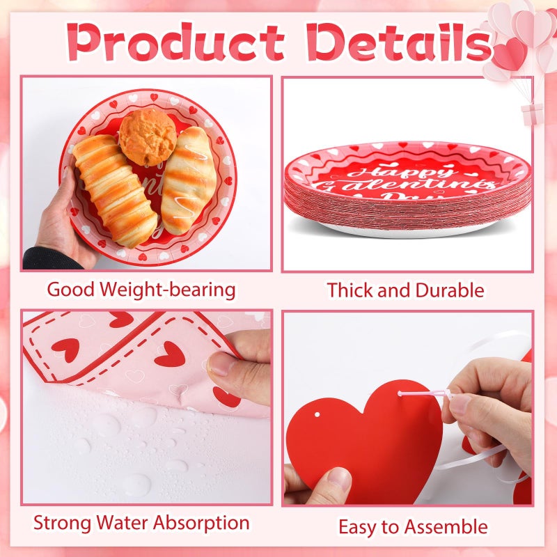QOUBAI 101Pcs Galentines Day Party Decorations Valentine's Day Paper Plates and Napkins Red Pink Heart Happy Galentine's Day Banner Valentine Tableware Set for Birthday Anniversary Party Supplies Serves 25 - Image 3