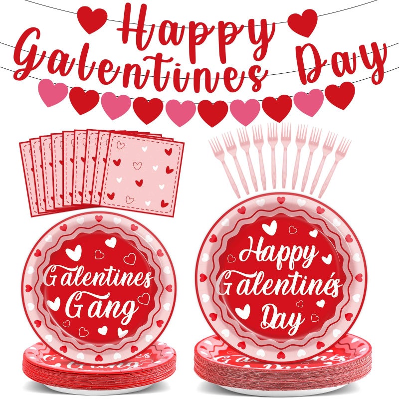 QOUBAI 101Pcs Galentines Day Party Decorations Valentine's Day Paper Plates and Napkins Red Pink Heart Happy Galentine's Day Banner Valentine Tableware Set for Birthday Anniversary Party Supplies Serves 25 - Image 1