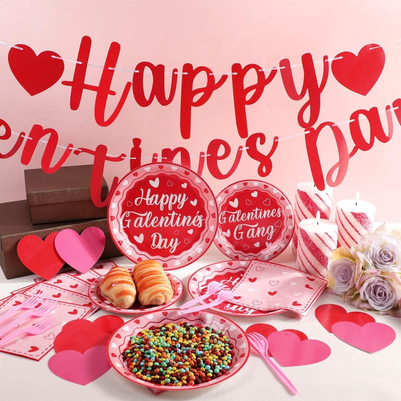QOUBAI 101Pcs Galentines Day Party Decorations Valentine's Day Paper Plates and Napkins Red Pink Heart Happy Galentine's Day Banner Valentine Tableware Set for Birthday Anniversary Party Supplies Serves 25 - Image 4