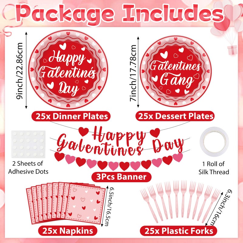 QOUBAI 101Pcs Galentines Day Party Decorations Valentine's Day Paper Plates and Napkins Red Pink Heart Happy Galentine's Day Banner Valentine Tableware Set for Birthday Anniversary Party Supplies Serves 25 - Image 2