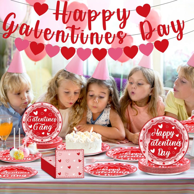 QOUBAI 101Pcs Galentines Day Party Decorations Valentine's Day Paper Plates and Napkins Red Pink Heart Happy Galentine's Day Banner Valentine Tableware Set for Birthday Anniversary Party Supplies Serves 25 - Image 5