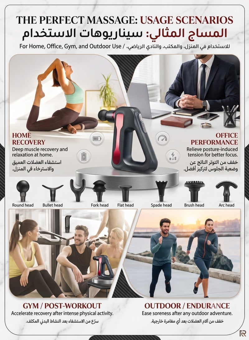 مسدس مساج مثلثي للأنسجة العميقة، جهاز تدليك عضلات محمول صغير مع 10 رؤوس تدليك قابلة للاستبدال، 32 مستوى سرعة، شاشة LCD، شحن سريع USB Type-C، تقنية تقليل الضوضاء، جهاز مساج كهربائي لتخفيف آلام الجسم والرقبة والظهر والأكتاف والقدمين والرأس - Image 5
