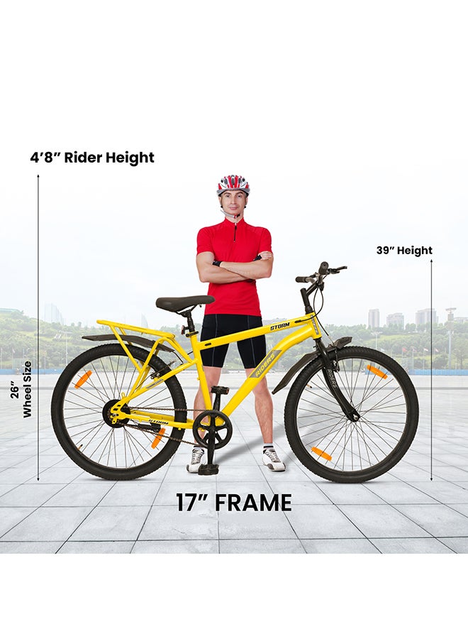 Riders Storm 26T Mountain Bicycle for Men & Women | Strong Steel Frame with Inner Cable Routing, Power Brakes, Mud Guards & Rear Carrier | Comfortable Saddle & All-Terrain Tyres | Yellow - Image 2