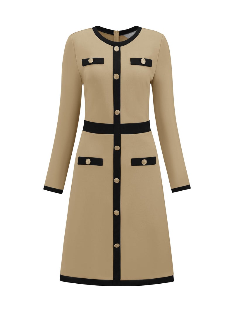 Hobemty Women's Work A-Line Dress Long Sleeve Contrast Color Dresses Small Khaki - Image 1