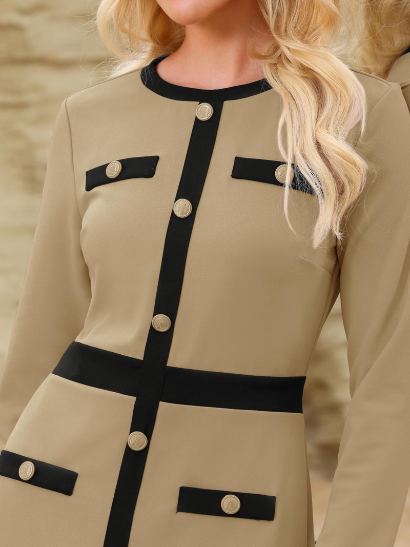 Hobemty Women's Work A-Line Dress Long Sleeve Contrast Color Dresses Small Khaki - Image 4